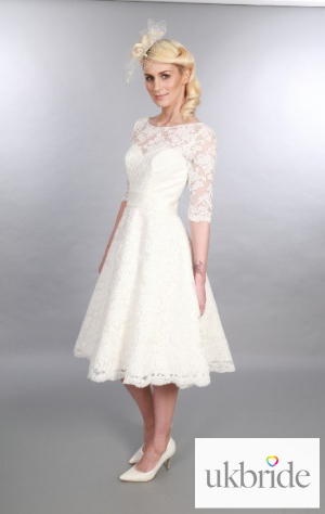 Mae MidWaist Timeless Chic Tea Length Lace Wedding Dress Sleeve Vintage 1950s 60s Style.JPG