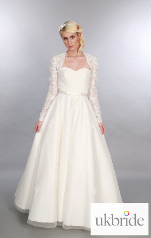 Elizabeth Polka Dot Lace Timeless Chic Full Length Wedding Dress With Long Sleeve Bolero Jacket Vintage 1950s Inspired Front.JPG