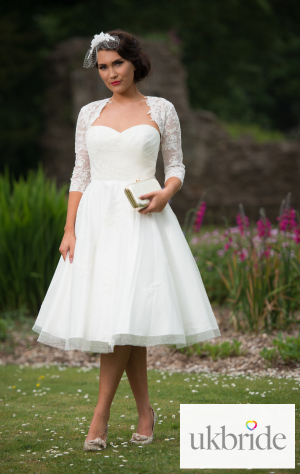 Timeless Chic Elizabeth Polka Dot Tea Length Spot Tulle & Lace Wedding Dress With Jacket  (13)-3.png