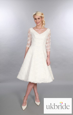 GeorgiaTimeless Chic Tea Length Wedding Dress Vintage Inspired V Neck Sleeves Lace & Embellishment  (2).JPG
