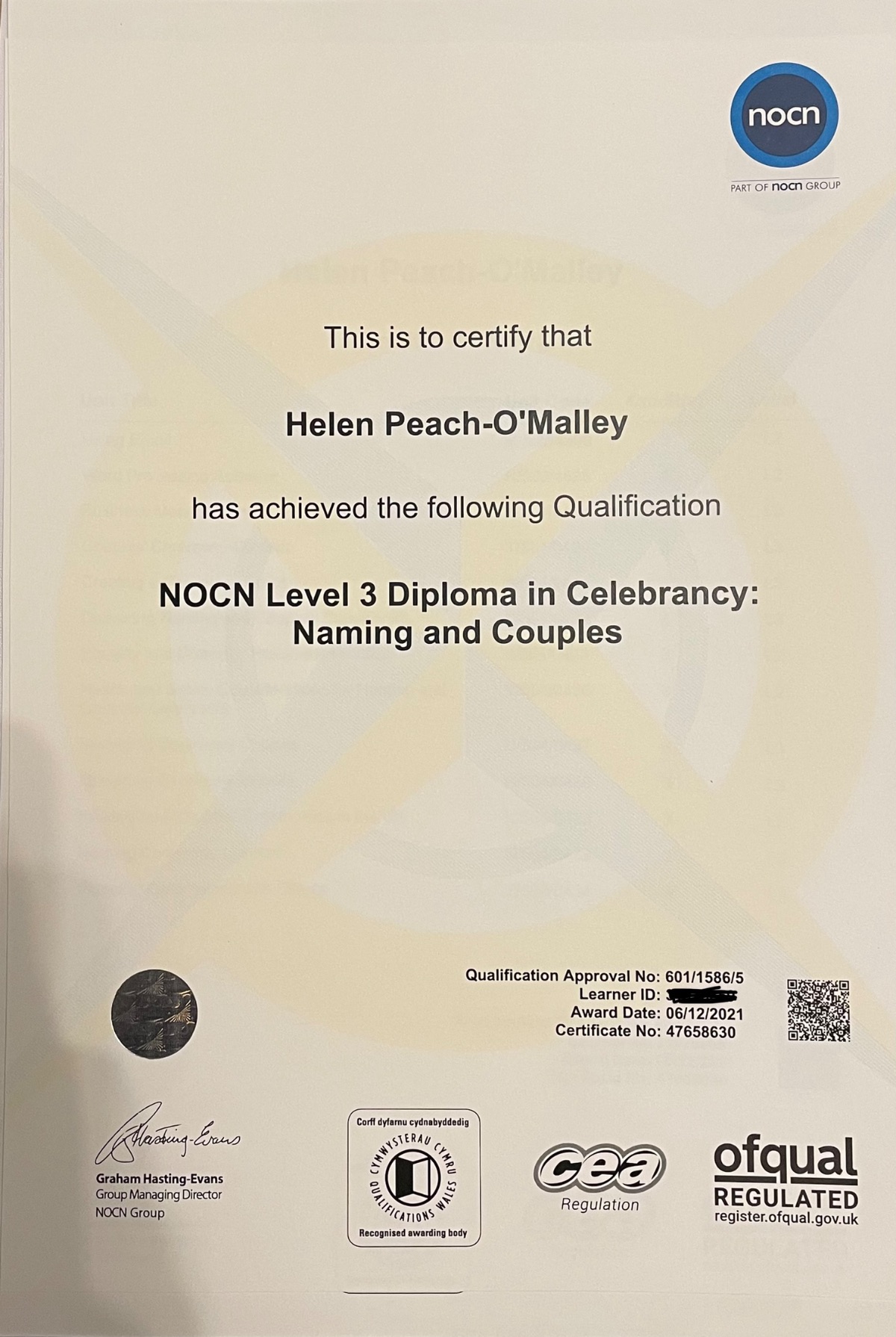 I have completed a level 3 diploma in celebrancy with Civil Ceremonies.